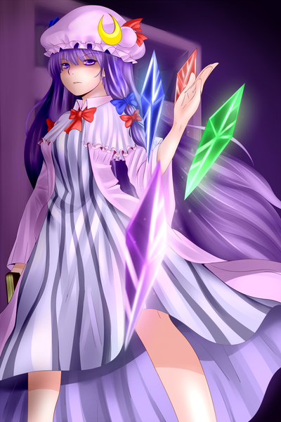 Anime picture 1200x1800 with touhou patchouli knowledge kasu-pan (artist) single long hair tall image purple eyes purple hair girl dress bow hair bow bonnet crystal