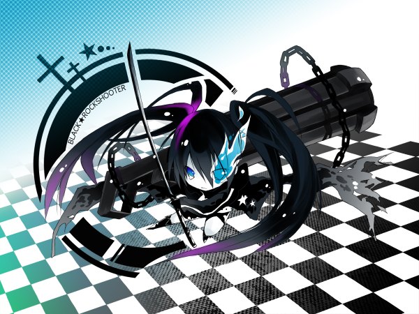 Anime picture 1200x900 with black rock shooter black rock shooter (character) chibi sword gun