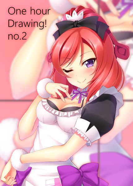 Anime picture 858x1200 with love live! school idol project sunrise (studio) love live! nishikino maki yu-ta tall image blush short hair smile purple eyes red hair one eye closed wink maid girl dress bow hair bow