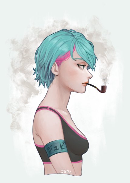 Anime picture 1500x2100 with original jubi (regiana) single tall image fringe short hair breasts light erotic simple background hair between eyes white background signed looking away pink hair upper body profile multicolored hair aqua eyes aqua hair two-tone hair