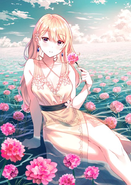Anime picture 1767x2500 with original koh rd single long hair tall image looking at viewer blush fringe highres breasts blonde hair hair between eyes sitting bare shoulders holding sky cloud (clouds) outdoors parted lips pink eyes