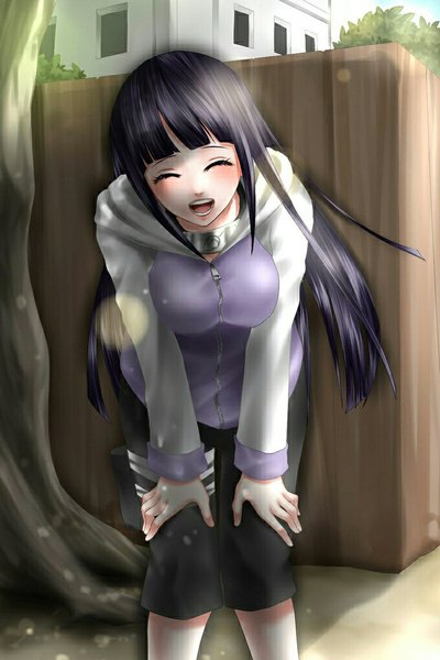 Anime picture 680x1020 with naruto studio pierrot naruto (series) hyuuga hinata single long hair tall image looking at viewer blush open mouth black hair eyes closed girl plant (plants) tree (trees) jacket building (buildings) bandage (bandages) fence