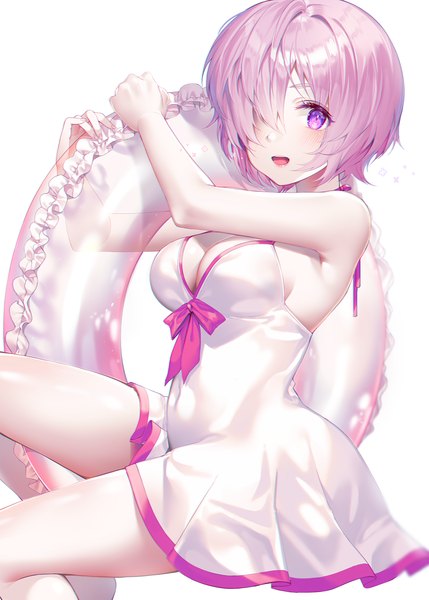 Anime picture 1500x2097 with fate (series) fate/grand order mash kyrielight mash kyrielight (swimsuit of perpetual summer) kinty single tall image looking at viewer blush fringe short hair breasts open mouth light erotic simple background white background sitting purple eyes pink hair cleavage