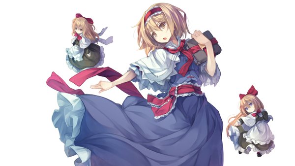 Anime picture 1024x576 with touhou alice margatroid shanghai fal maro long hair looking at viewer short hair blue eyes simple background blonde hair wide image white background multiple girls brown eyes flying girl dress bow hair bow hairband