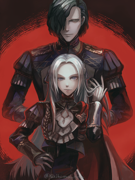 Anime picture 600x800 with fire emblem fire emblem: three houses nintendo edelgard von hresvelg hubert von vestra suikomu now long hair tall image looking at viewer fringe short hair black hair simple background smile standing purple eyes signed white hair long sleeves arm up