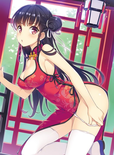 Anime picture 1404x1920 with original mmu single long hair tall image looking at viewer breasts light erotic black hair red eyes traditional clothes chinese clothes girl thighhighs underwear panties white thighhighs chinese dress