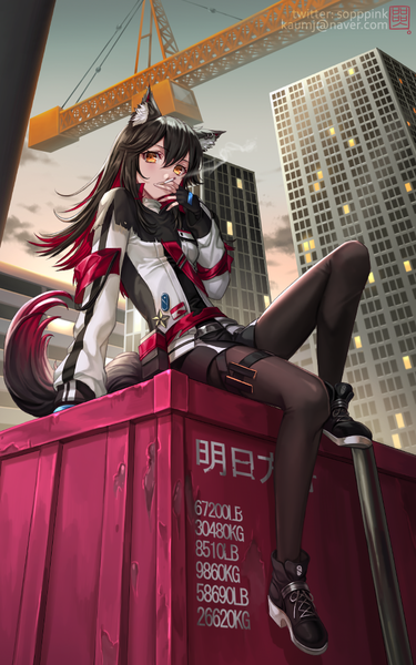 Anime picture 700x1120 with arknights texas (arknights) bbbox (hotpppink) single long hair tall image looking at viewer fringe black hair hair between eyes sitting holding signed animal ears yellow eyes payot sky cloud (clouds) full body bent knee (knees)