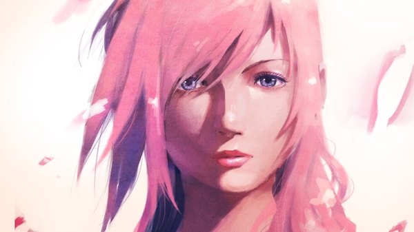 Anime picture 2560x1440 with final fantasy final fantasy xiii square enix lightning farron tom skender single long hair looking at viewer highres wide image purple eyes pink hair lips light close-up girl