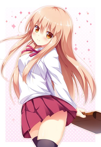 Anime picture 1210x1754 with himouto! umaru-chan doga kobo doma umaru kusunoki (escude) single long hair tall image looking at viewer blush fringe blonde hair smile standing holding yellow eyes pleated skirt sparkle hands behind back polka dot girl