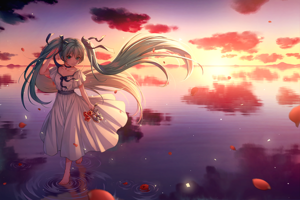 Anime picture 3000x2000 with vocaloid hatsune miku iyar single looking at viewer blush fringe highres smile hair between eyes twintails holding payot sky cloud (clouds) full body outdoors very long hair barefoot arm up