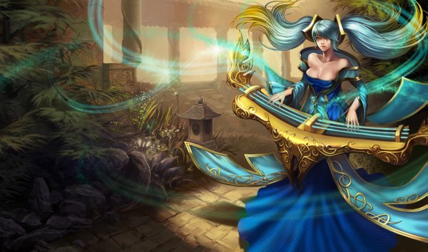 Anime picture 1215x717 with league of legends sona buvelle single long hair wide image twintails bare shoulders yellow eyes blue hair cleavage multicolored hair magic girl