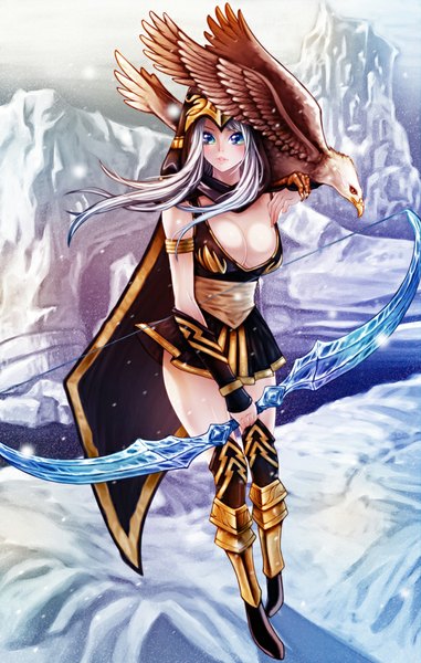 Anime picture 636x1000 with league of legends ashe (league of legends) waterring single long hair tall image looking at viewer blush blue eyes light erotic silver hair girl skirt weapon miniskirt animal bird (birds) hood cloak bow (weapon)