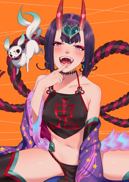 Anime picture 700x990 with fate (series) fate/grand order shuten douji (fate) shuten douji (halloween caster) (fate) noriuma single tall image looking at viewer blush short hair open mouth light erotic purple eyes purple hair horn (horns) spread legs finger to mouth eyeshadow oni horns star print