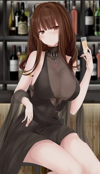 Anime picture 2600x4500 with girls frontline dsr-50 (girls frontline) ru zhai single long hair tall image looking at viewer blush fringe highres breasts light erotic hair between eyes brown hair large breasts sitting bare shoulders holding brown eyes payot