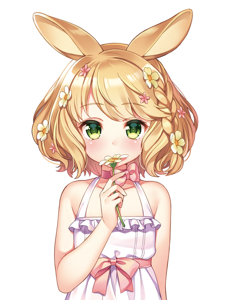 Anime picture 762x1000 with original shouni (sato3) single tall image looking at viewer blush fringe short hair simple background blonde hair hair between eyes white background bare shoulders holding green eyes animal ears upper body braid (braids) hair flower bunny ears