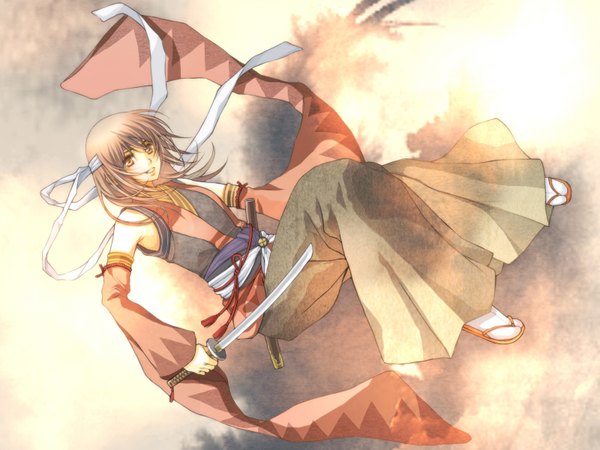 Anime picture 1600x1200 with hakuouki shinsengumi kitan studio deen tagme (character) long hair simple background blonde hair bare shoulders yellow eyes traditional clothes japanese clothes girl ribbon (ribbons) weapon detached sleeves sword