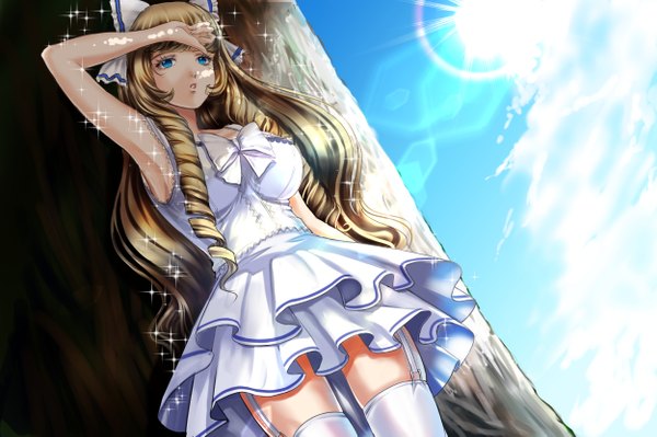 Anime picture 1250x833 with original ponytail korosuke single long hair looking at viewer blue eyes brown hair sky cloud (clouds) lens flare drill hair girl thighhighs dress bow hair bow white thighhighs sun