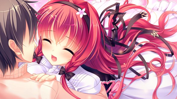 Anime picture 1024x576 with love love life skyfish (studio) akemiya sakura rubi-sama long hair blush short hair open mouth black hair wide image game cg red hair eyes closed couple hug girl dress boy ribbon (ribbons) hair ribbon