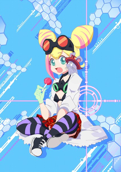 Anime picture 1448x2048 with promare studio trigger lucia fex vinny (promare) bbqcatharsis single tall image fringe short hair open mouth light erotic blonde hair sitting holding payot looking away full body :d pleated skirt multicolored hair