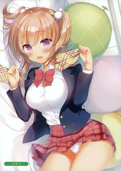 Anime picture 2471x3500 with melonbooks sazaki ichiri single tall image looking at viewer blush highres short hair breasts open mouth light erotic brown hair large breasts purple eyes lying scan two side up girl skirt uniform