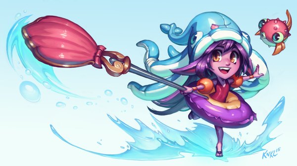 Anime picture 1920x1080 with league of legends lulu (league of legends) knockwurst single fringe highres open mouth simple background smile wide image purple hair very long hair orange eyes girl swimsuit water one-piece swimsuit swim ring inflatable armbands