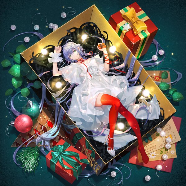 Anime picture 2000x2000 with vocaloid vocaloid china luo tianyi tidsean single looking at viewer fringe highres hair between eyes holding green eyes silver hair full body lying very long hair from above sparkle on back high heels christmas