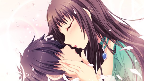 Anime picture 1280x720 with dekakute ecchi na ore no ane long hair short hair black hair wide image game cg eyes closed couple almost kiss girl boy petals