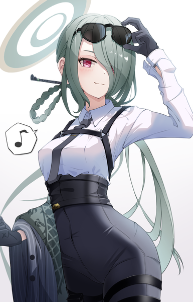 Anime picture 1391x2166 with blue archive mina (blue archive) shijima (shijima tc) single long hair tall image fringe simple background red eyes standing white background looking away green hair hair over one eye sunglasses on head adjusting sunglasses girl gloves shirt black gloves