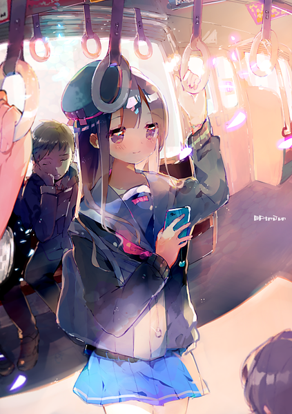 Anime picture 600x850 with original atsumi jun long hair tall image blush black hair standing purple eyes light smile sleeping girl boy uniform serafuku beret school bag mobile phone smartphone subway