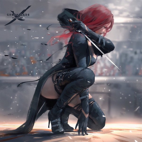 Anime picture 6548x6548 with ghost blade lenia wlop single long hair highres light erotic red eyes holding looking away absurdres full body bent knee (knees) red hair profile wind blurry realistic high heels copyright name