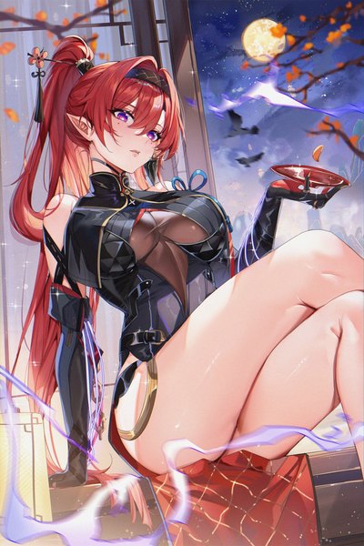 Anime picture 2329x3493 with wuthering waves yinlin (wuthering waves) shanguier single long hair tall image looking at viewer fringe highres short hair breasts light erotic hair between eyes large breasts sitting purple eyes bare shoulders holding ponytail red hair