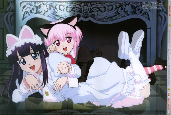 Anime picture 4374x2941 with tsukuyomi moon phase shaft (studio) hazuki artemis (tsukuyomi) long hair looking at viewer fringe highres short hair open mouth blue eyes multiple girls animal ears pink hair purple hair full body indoors blunt bangs :d pink eyes