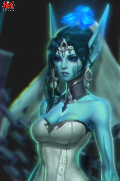 Anime picture 1356x2033 with league of legends morgana (league of legends) paul (shiramune) single long hair tall image breasts blue eyes black hair bare shoulders lips pointy ears realistic blue skin girl dress earrings wedding dress strapless dress wedding veil