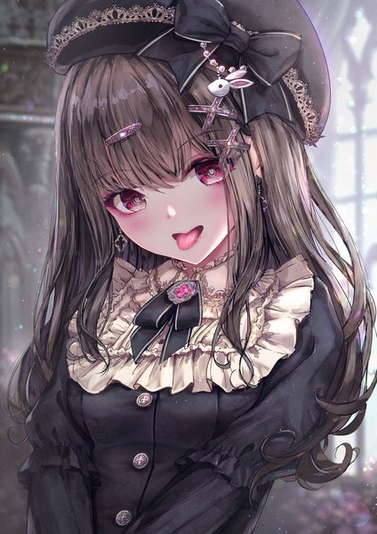 Anime picture 1302x1842 with original missle228 single long hair tall image looking at viewer blush fringe brown hair upper body blunt bangs head tilt pink eyes blurry depth of field puffy sleeves dust girl hair ornament bow
