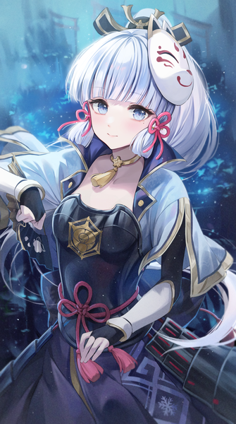 Anime picture 1500x2686 with genshin impact kamisato ayaka eso (toory) single long hair tall image looking at viewer blue eyes smile silver hair ponytail mole mole under eye mask on head girl armor mask bridal gauntlets fox mask breastplate