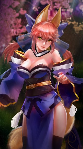 Anime picture 2250x4000 with fate (series) fate/grand order fate/extra tamamo (fate) (all) tamamo no mae (fate) tian (56800940) single long hair tall image looking at viewer fringe highres breasts open mouth light erotic smile hair between eyes large breasts standing twintails