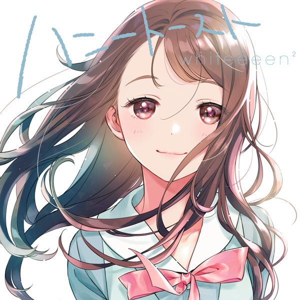 Anime picture 3000x3000 with whiteeeen morikura en single long hair looking at viewer blush fringe highres simple background smile brown hair brown eyes lips cover girl