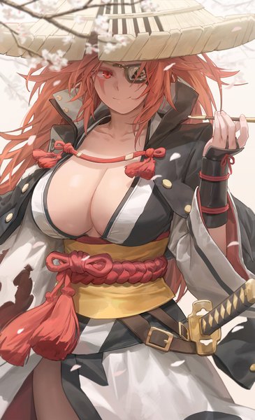 Anime picture 2491x4096 with guilty gear baiken free style (yohan1754) single long hair tall image highres breasts light erotic smile red eyes large breasts standing holding looking away cleavage long sleeves traditional clothes japanese clothes orange hair