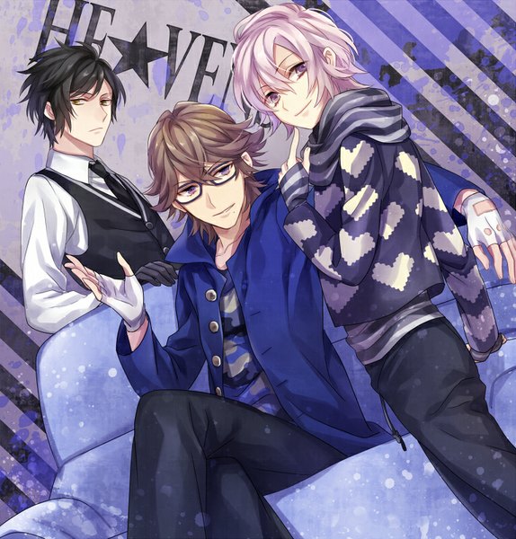 Anime picture 765x800 with uta no prince-sama a-1 pictures mikado nagi sumeragi kira ootori eiichi yuzuki karu tall image short hair black hair brown hair sitting purple eyes yellow eyes looking away pink hair open clothes open jacket multiple boys crossed legs boy