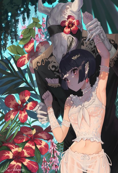 Anime picture 818x1200 with original dopoing tall image looking at viewer blush fringe short hair breasts light erotic black hair red eyes standing signed payot outdoors blunt bangs head tilt horn (horns) pointy ears arms up