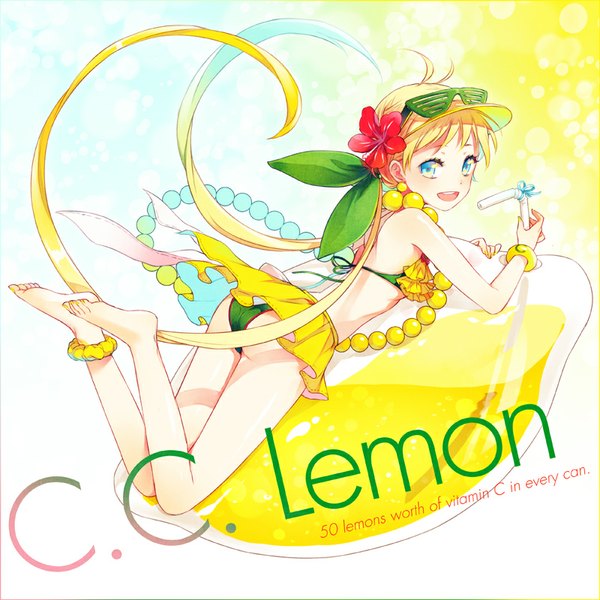 Anime picture 800x800 with original c.c. lemon c.c. lemon (character) siting zeng single looking at viewer blush open mouth blue eyes light erotic blonde hair twintails ahoge very long hair nail polish hair flower character names sunglasses on head girl hair ornament