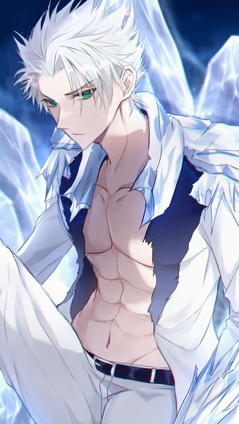 Anime picture 943x1667 with bleach studio pierrot hitsugaya toushirou feaa single tall image looking at viewer short hair green eyes white hair open clothes muscle spiked hair abs boy navel belt ice