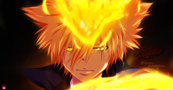 Anime picture 1060x552 with katekyou hitman reborn vongola primo giotto eroishi single short hair wide image yellow eyes orange hair inscription coloring magic close-up face boy fire