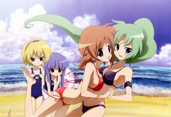 Anime picture 5581x3807 with higurashi no naku koro ni studio deen ryuuguu rena furude rika sonozaki mion houjou satoko sakai kyuuta long hair looking at viewer fringe highres short hair breasts open mouth blue eyes light erotic blonde hair smile brown hair purple eyes