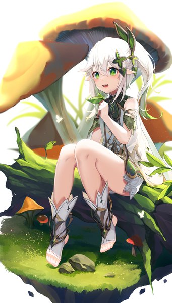 Anime picture 1706x3000 with genshin impact nahida (genshin impact) snozaki single long hair tall image fringe highres open mouth hair between eyes sitting green eyes looking away silver hair full body :d pointy ears no shoes side ponytail symbol-shaped pupils