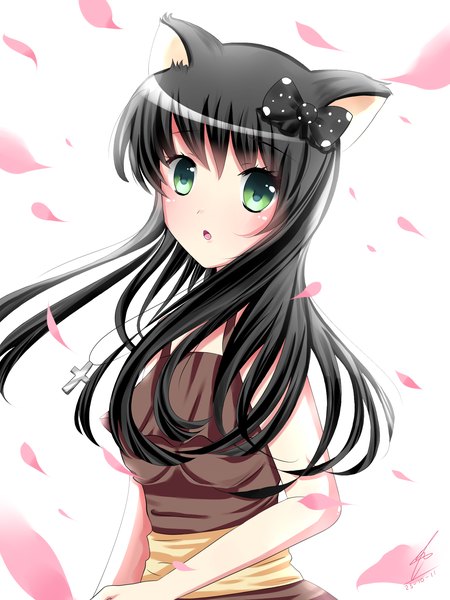 Anime picture 1500x2000 with single long hair tall image black hair green eyes animal ears cat ears :o girl bow hair bow petals cross