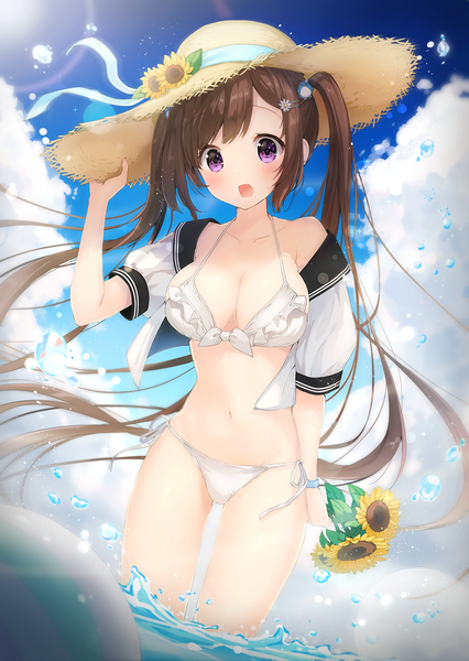 Anime picture 839x1181 with original suzumori uina single long hair tall image blush breasts open mouth light erotic brown hair large breasts purple eyes twintails sky cloud (clouds) summer adjusting hat sailor collar girl flower (flowers)