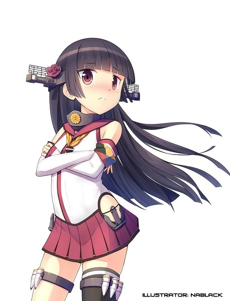 Anime picture 763x1000 with kantai collection ore no imouto ga konna ni kawaii wake ga nai gokou ruri kuro-kun (nablack) long hair tall image looking at viewer blush simple background white background brown eyes hair flower text crossed arms cosplay yamato (kantai collection) (cosplay) thighhighs skirt uniform hair ornament