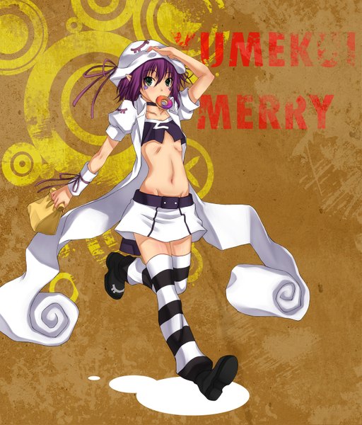 Anime picture 1280x1500 with yumekui merry merry nightmare deras tall image short hair light erotic green eyes purple hair pointy ears midriff mouth hold girl thighhighs skirt navel hat miniskirt striped thighhighs