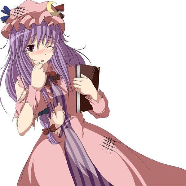 Anime picture 1000x1000 with touhou patchouli knowledge s-syogo single long hair blush simple background white background purple eyes purple hair one eye closed wink torn clothes girl dress bow hair bow book (books) bonnet